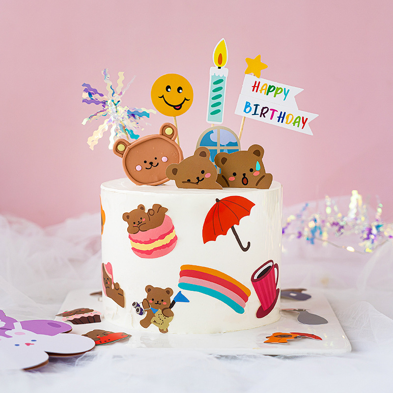 网红可爱软陶卡通小熊生日蛋糕装饰插件儿童生日快乐闪亮雨丝插件
