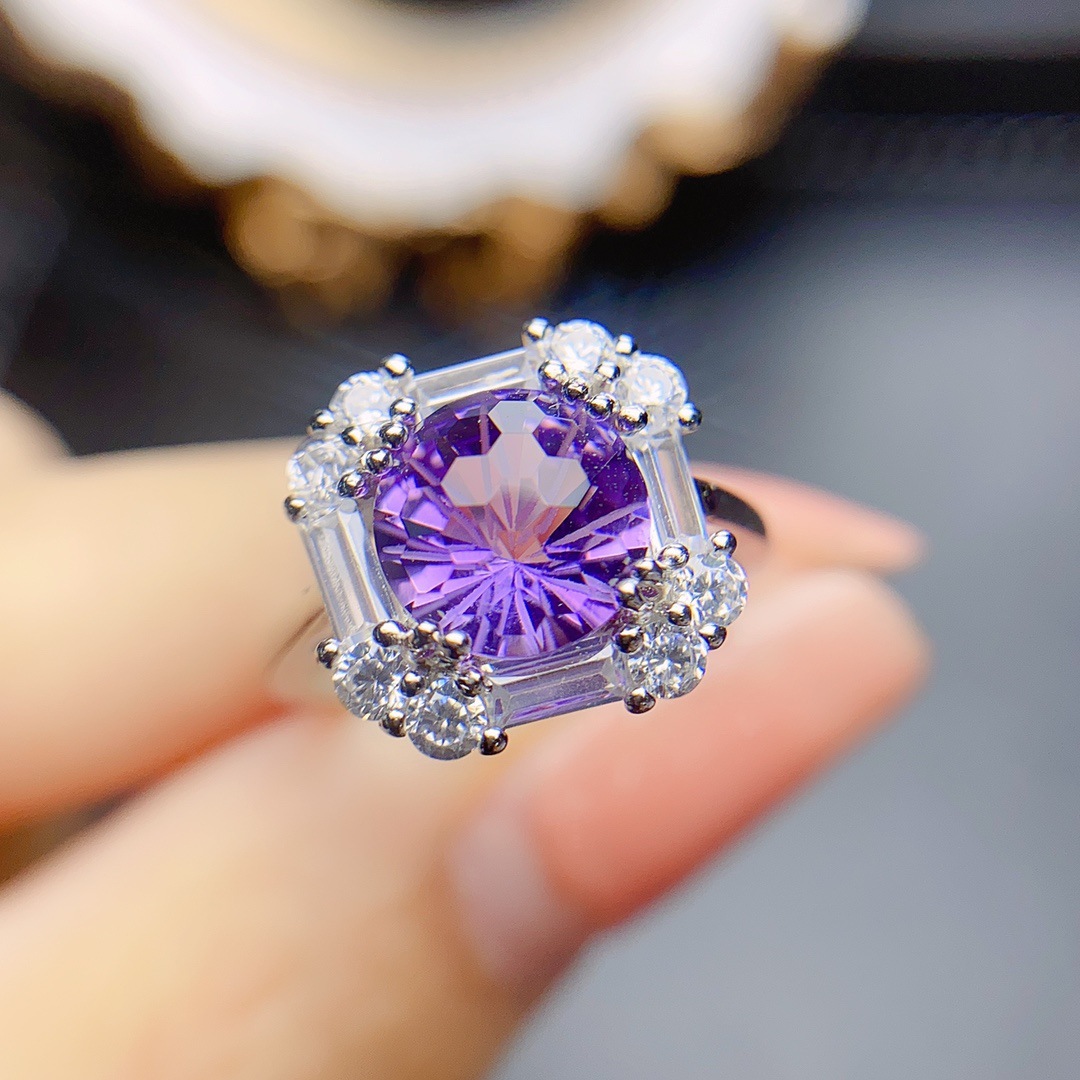 工厂批发爆款天然紫水晶戒指s925银镶嵌主石8*8热销欧美一件代发