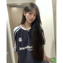 韩版hiphop拼色字母短袖t恤女夏季宽松慵懒风高级感洋气百搭上衣