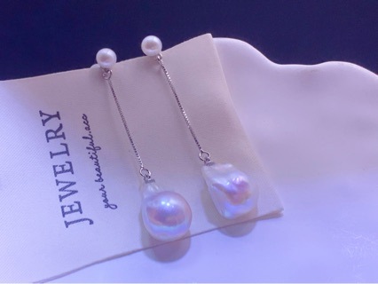 淡水巴洛克珍珠双珠耳钉耳线鱼尾冷光s925银强光异形珍珠耳环耳饰