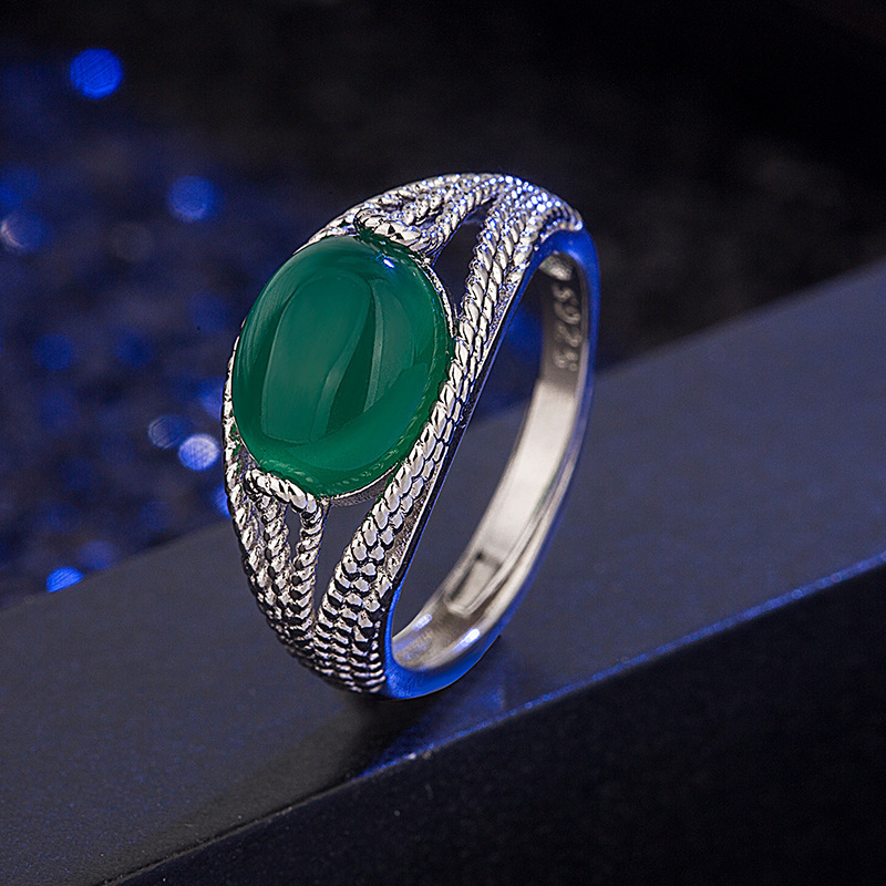 民族风和田碧玉戒指女镶嵌绿玉髓戒指指环复古绿玛瑙戒指时尚首饰