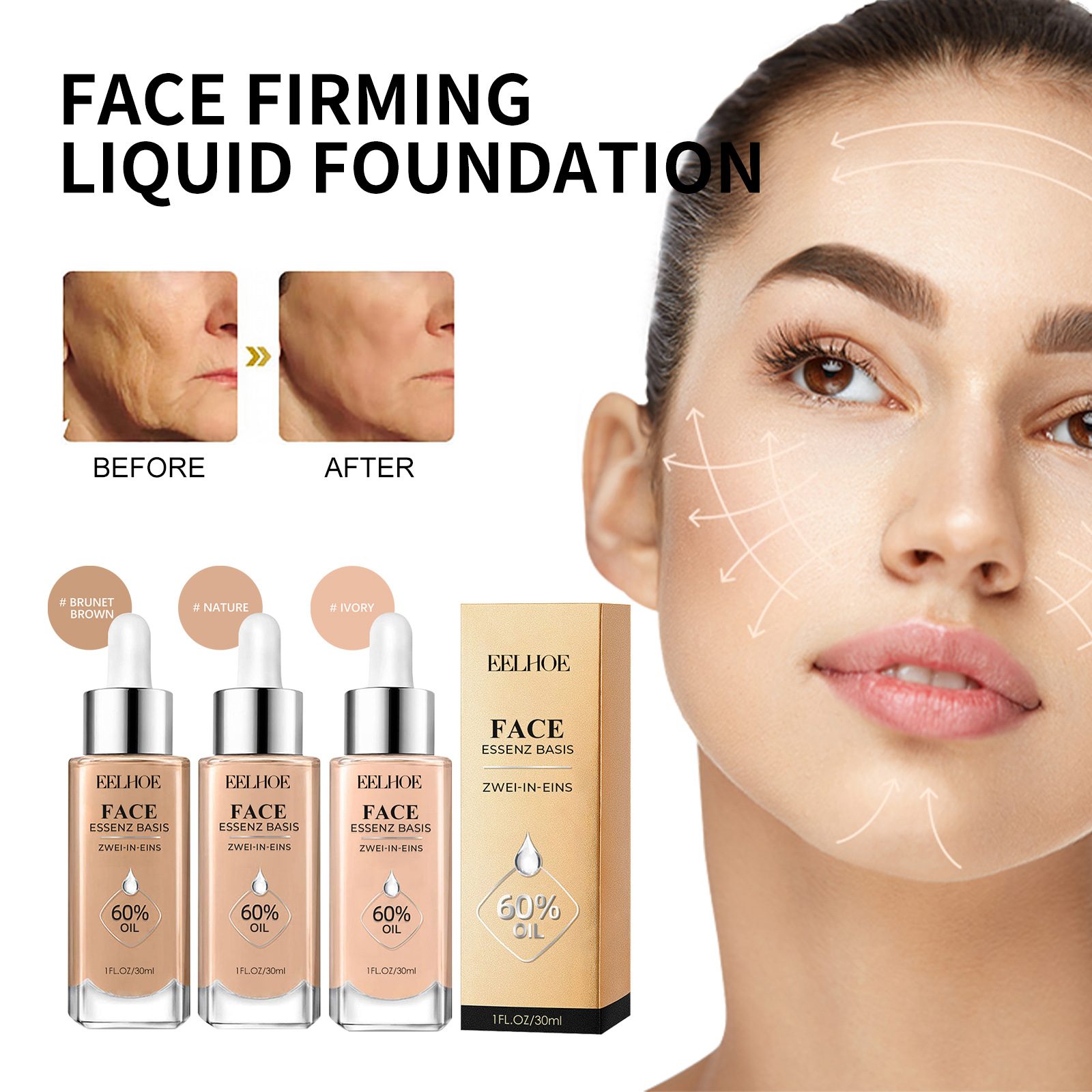 Eelhoe Facial Delicate Liquid Foundation Skin Concealer Long Lasting Smear-Proof Makeup Transparent Moisturizing Brightening Skin Color Beauty Base Makeup