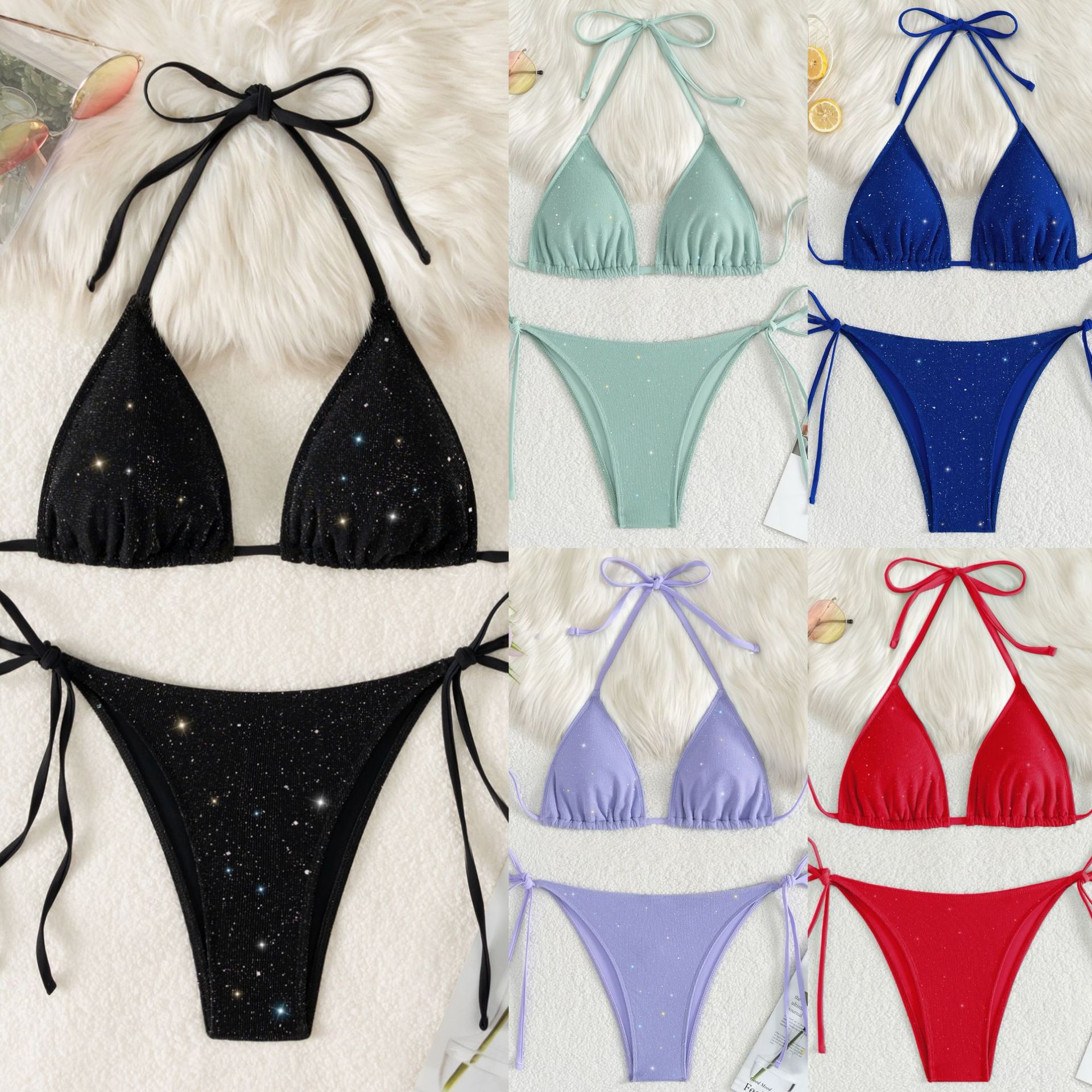 欧美新款泳衣三角包系绳款亮片闪光布料性感比基尼外贸泳装lg307