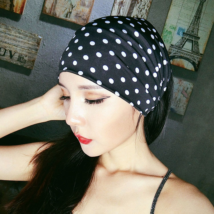 韩国夏天薄款高弹力波点遮白发棉发带圆点头带宽头巾帽女发箍发饰