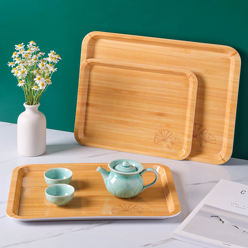 New Household Good-looking Melamine Tray Bamboo Wood Grain Storage Tray Light Luxury High-Grade Light Luxury Breakfast Tray Wholesale