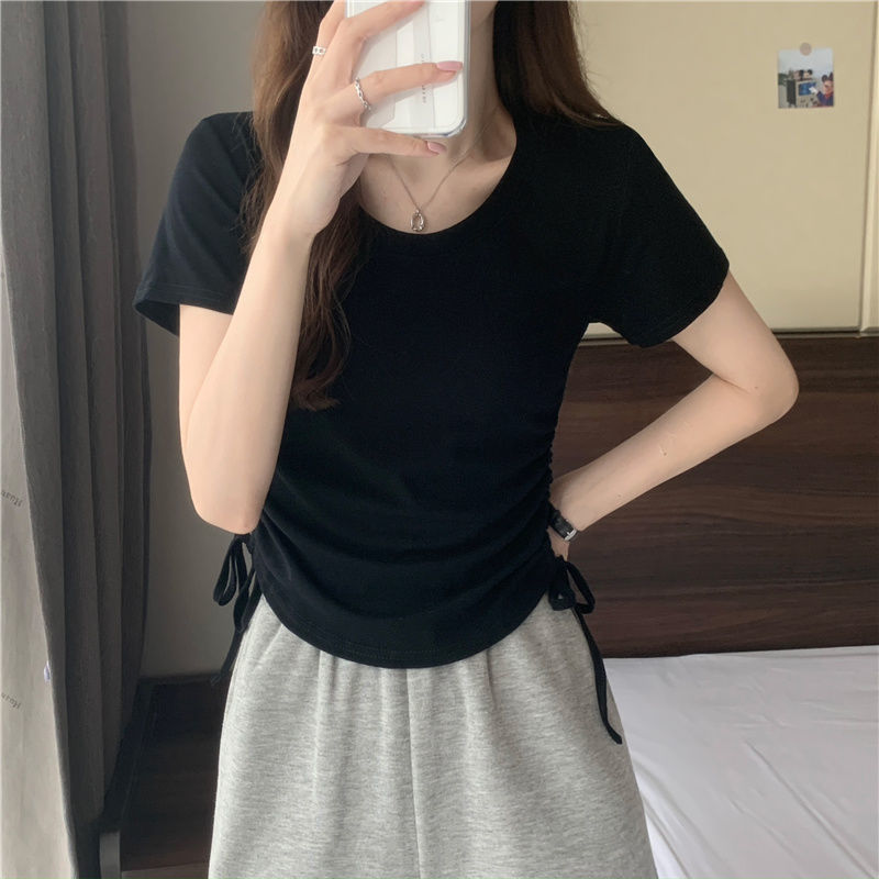 round Neck Drawstring Slimming Short-Sleeved T-shirt for Women 2024 New Summer Niche Korean Simple Chic Slim Top Fashion