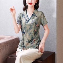 新中式改良旗袍式上衣女夏季2024年新款复古洋气妈妈印花短袖衬衫