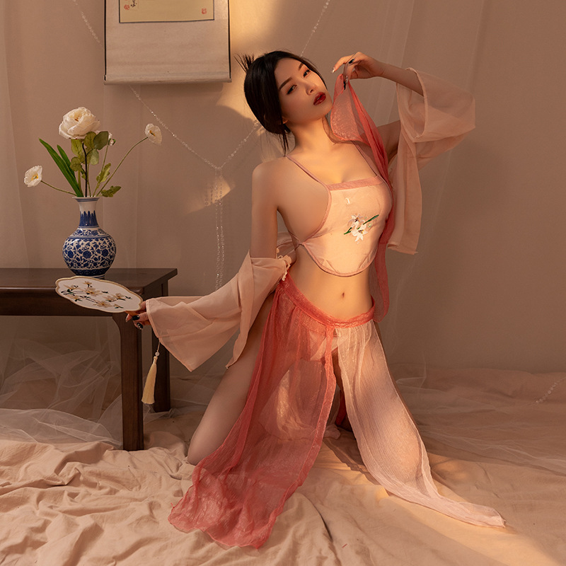 National Fashion Antique Embroidery Sexy Lingerie See-through Passion Temptation Bed Hanfu No Undressing Apron Pajamas Suit