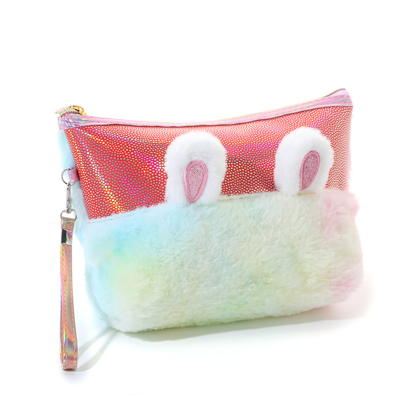Korean Cute Rabbit Ear Plush Cosmetic Bag Cross-Border Fashion Colorful PU Leather Wash Bag New Arrival Girlish Style Storage Bag