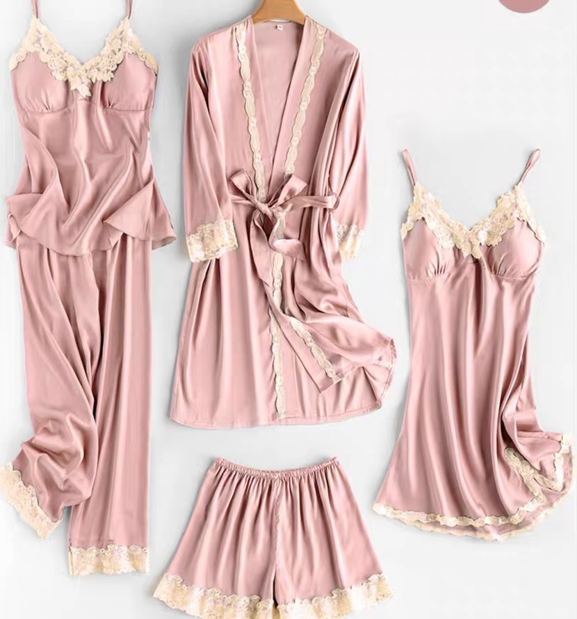 Spring and Summer Pajamas Women's Ice Silk Thin Five-Piece Set Sexy Sling Nightdress Large Size Loose Nightgown with Chest Pad Home Wear