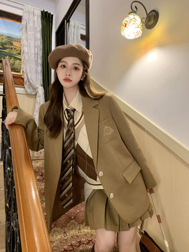 大码女装英伦学院风宽松西装外套 条纹衬衫 针织马甲 半裙-阿里巴巴