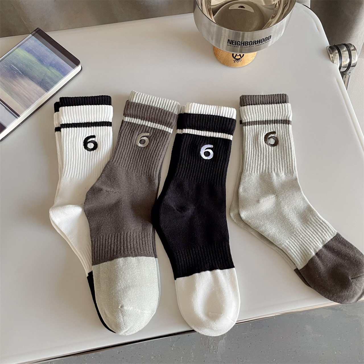 新款双层罗口刺绣袜男士中筒棉袜秋冬款撞色拼接条纹潮流中帮袜子