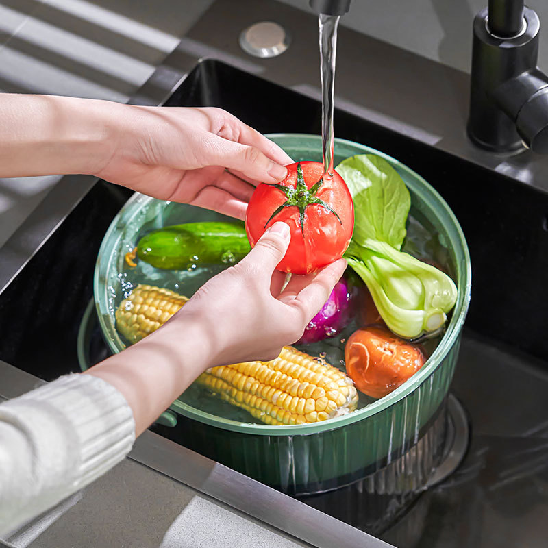 Washing Vegetable Basket Household Kitchen Double-Layer Light Luxury Washing Basin Drain Basket Fruit and Vegetable Washing Artifact Drain Basket Draining Basket