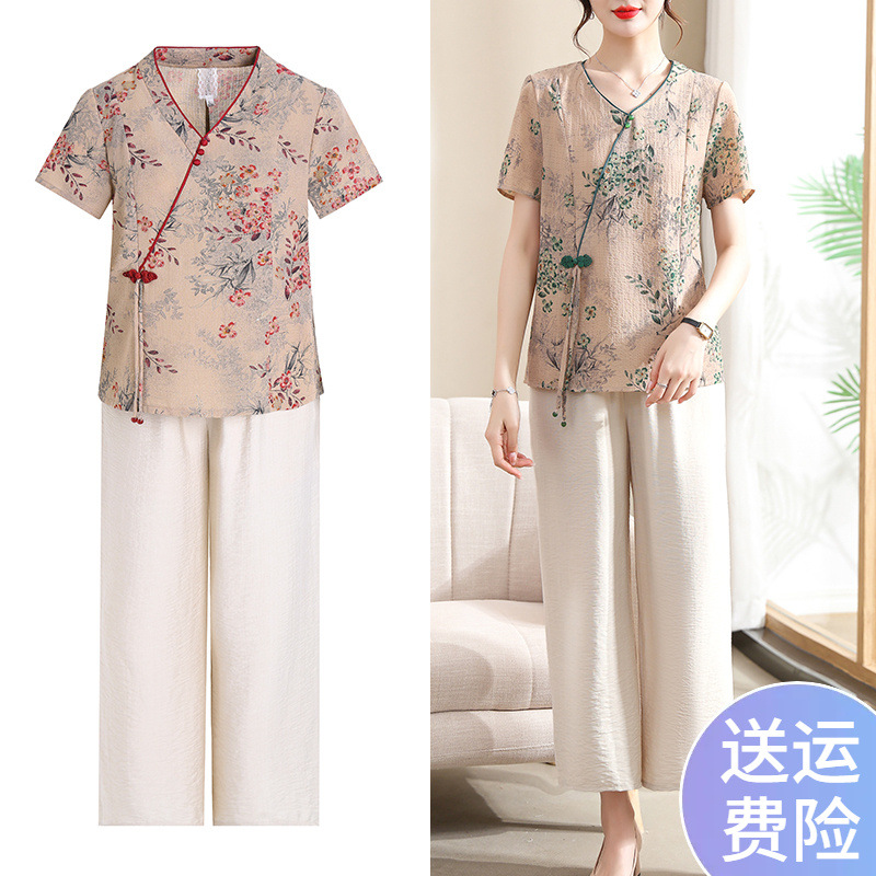 妈妈夏装棉麻套装60岁中老年阔太太短袖两件套新款女士中国风爆款