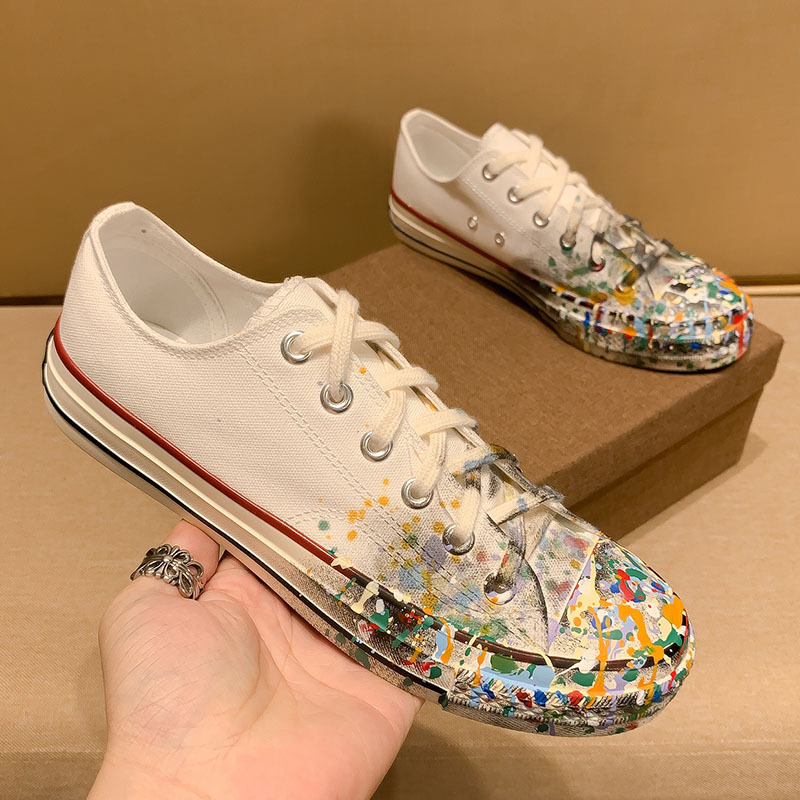 国潮白色帆布鞋男女情侣同款鞋头diy彩绘超火小白鞋低帮休闲板鞋