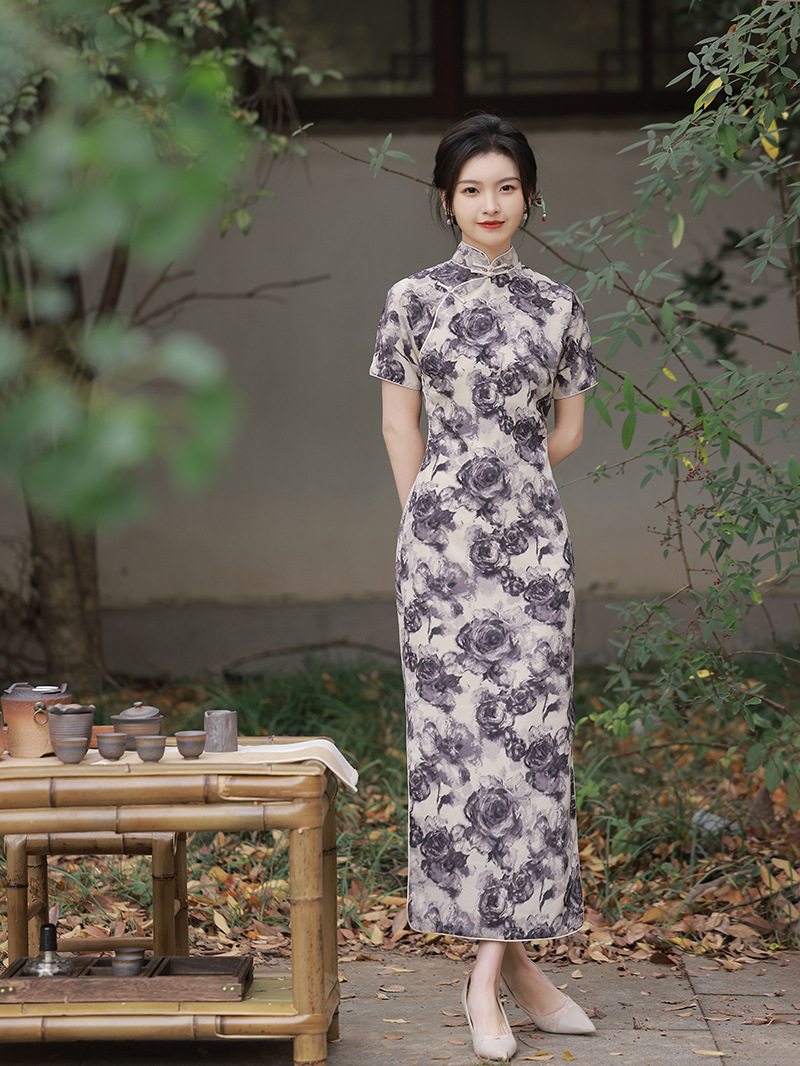 春夏新款半开襟旗袍复古优雅民国风印花中式落肩袖盘扣长款旗袍裙