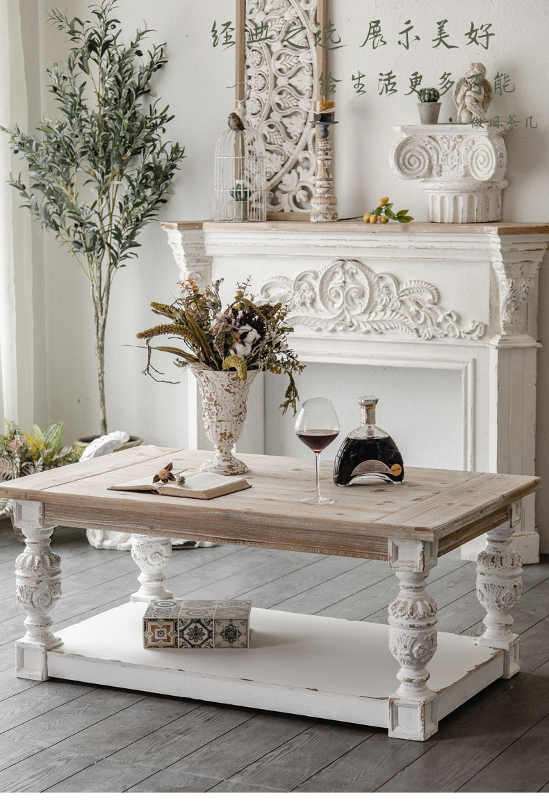 欧式复古客厅实木茶几 民宿长方形做旧罗马柱雕花茶桌 甜品店桌子