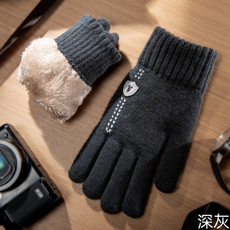 plus Size Male Student Gloves Autumn and Winter Touch Screen plus Velvet Thickened Knitting Wool Keep Warm Cold-Proof Cycling Cycling