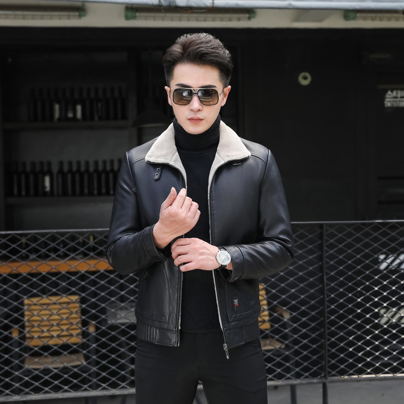 2023 Winter New Leather and Fur Integrated Men's Middle-Aged Short Multi-Color Velvet Thickened Men's Pu Leather Wholesale