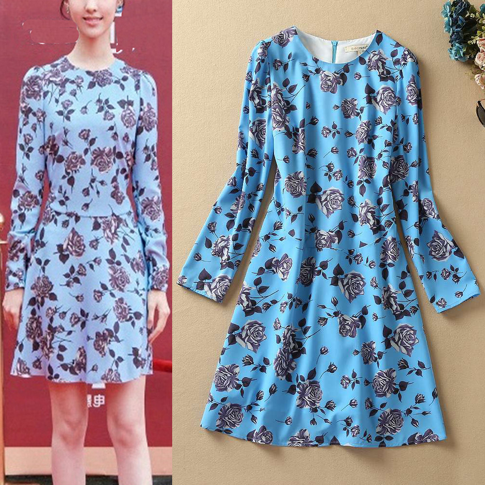 欧洲站2022年早春女装裙子批发 圆领收腰玫瑰花印花长袖a字连衣裙