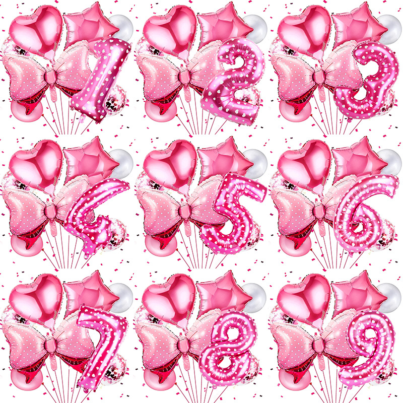 粉色蝴蝶结数字铝膜气球束儿童宝宝生日派对装饰婚礼室内装扮气球