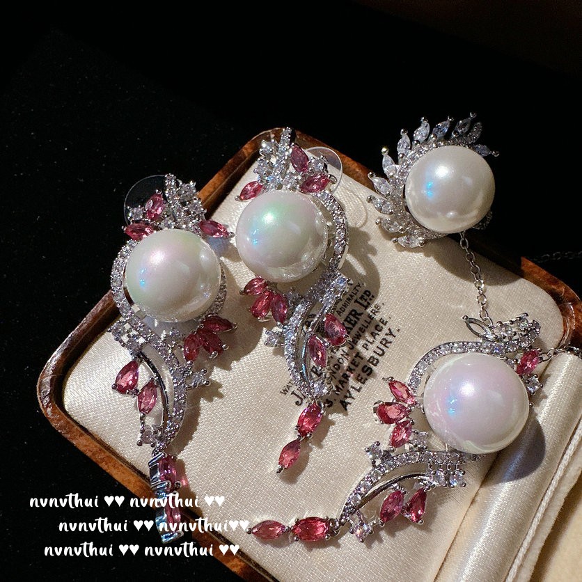 胭脂洋红花朵宝石珍珠耳环 大溪地 贵妇水滴锆石 南洋贝珠项链