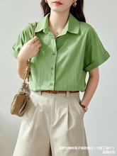 纯棉绿色短袖衬衫女2024新款女式衬衣小众个子夏季穿搭上衣