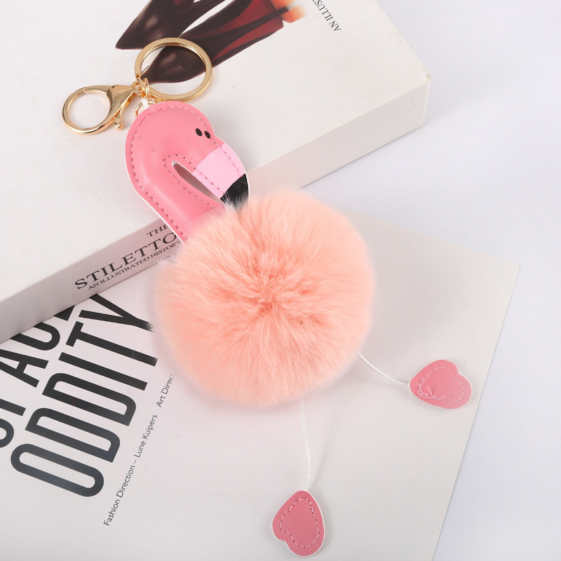 Exclusive for Cross-Border Flamingo Fur Ball Keychain Pendant for Women Fur Bag Ornament Key Ring Foreign Trade