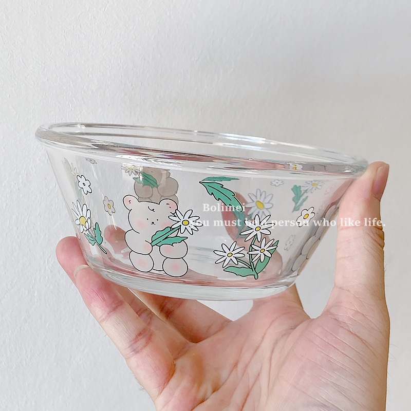 Glass Cup Daisy Bear Glass Salad Bowl Breakfast Oatmeal Bowl Fruit Bowl Glass Bowl Household Glass Bowl