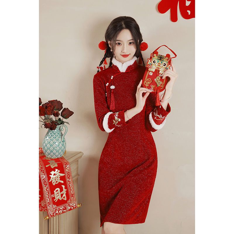 红色小个子旗袍秋冬新娘冬季敬酒服结婚国风新中式新娘服过年回门