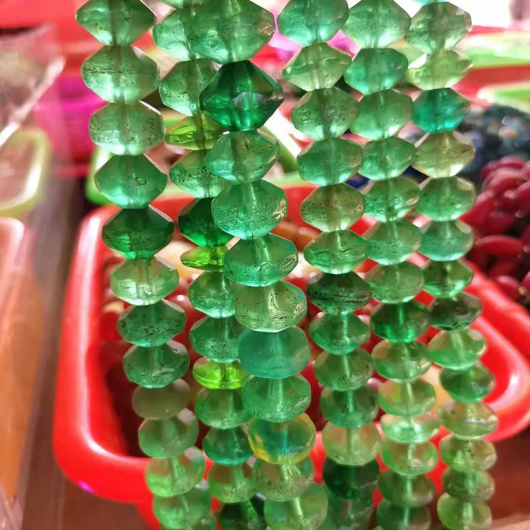 直播热销老琉璃红绿凡士林切面算盘珠项链散珠配件可拆开做耳坠a