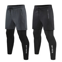 2024春季假两件套健身裤男士紧身打底裤双层跑步运动训练长裤