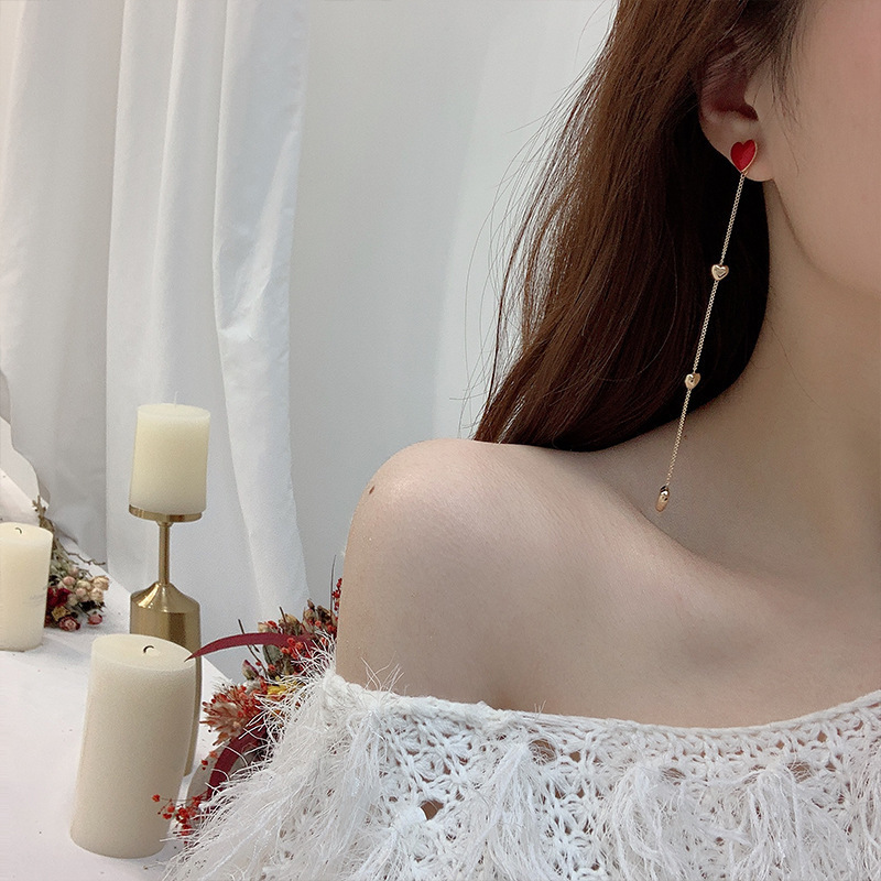 Sterling Silver Needle South Korea Dongdaemun Asymmetric Heart-Shaped Tassel Earrings Female Online Influencer High-Grade Pearl Ear Studs Earrings