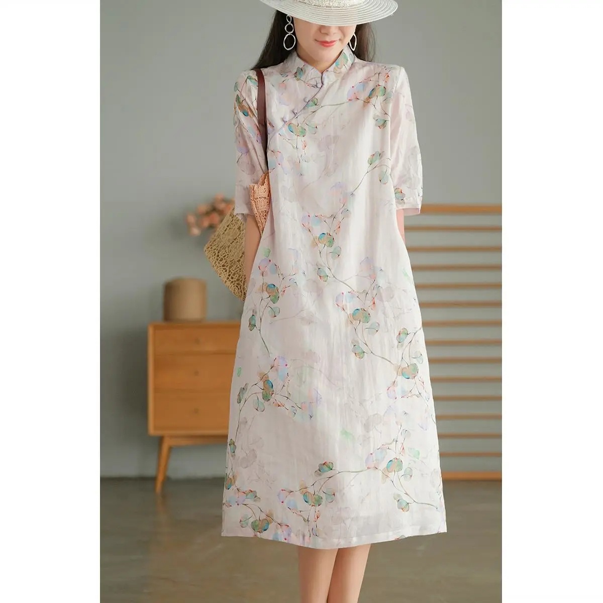 Cotton and Linen Improved Cotton Cheongsam Dress for Women 2023 Summer New Loose Version Plump Girls Slimming Mid-Length Dress for Women