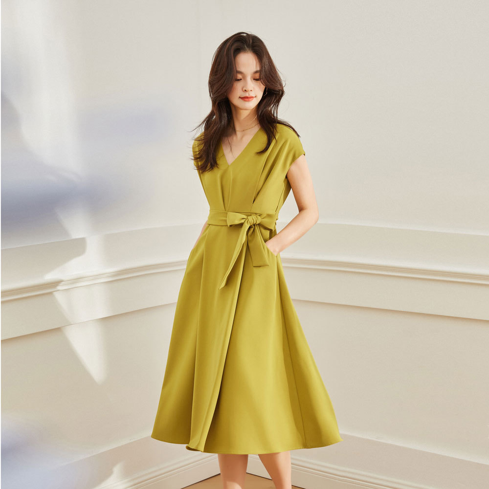 22新v领收腰显瘦a型大摆伞裙气质优雅中长款连衣裙夏季女13352