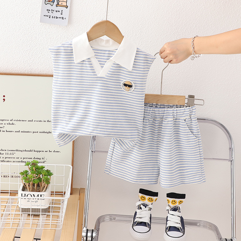 2024 New Children's Cartoon Short Sleeve Suit Girls' Summer Clothes Boys' Korean Style Shorts Girls' Baby Boys' Striped Short Sleeve