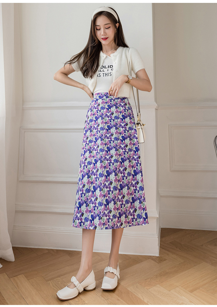 中长款半身裙2021夏装新款印花高腰松紧腰裙a字雪纺过膝碎花裙子