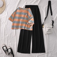 单/套装A字裙夏季学生韩版宽松条纹短袖T恤女休闲时尚两件套潮ins