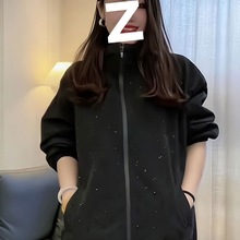 欧货新款时尚女装2023高级感黑色烫钻连帽外套气质上衣潮2024年