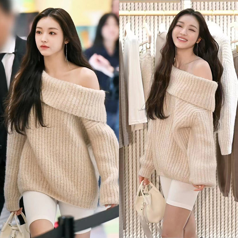 裴珠泫jennie同款一字肩针织上衣露肩百搭宽松长袖毛衣女-阿里巴巴