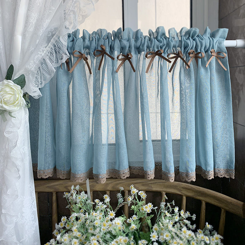「」田园美式纱帘隔断帘飘窗帘厨房阳台半遮光门帘半短帘头