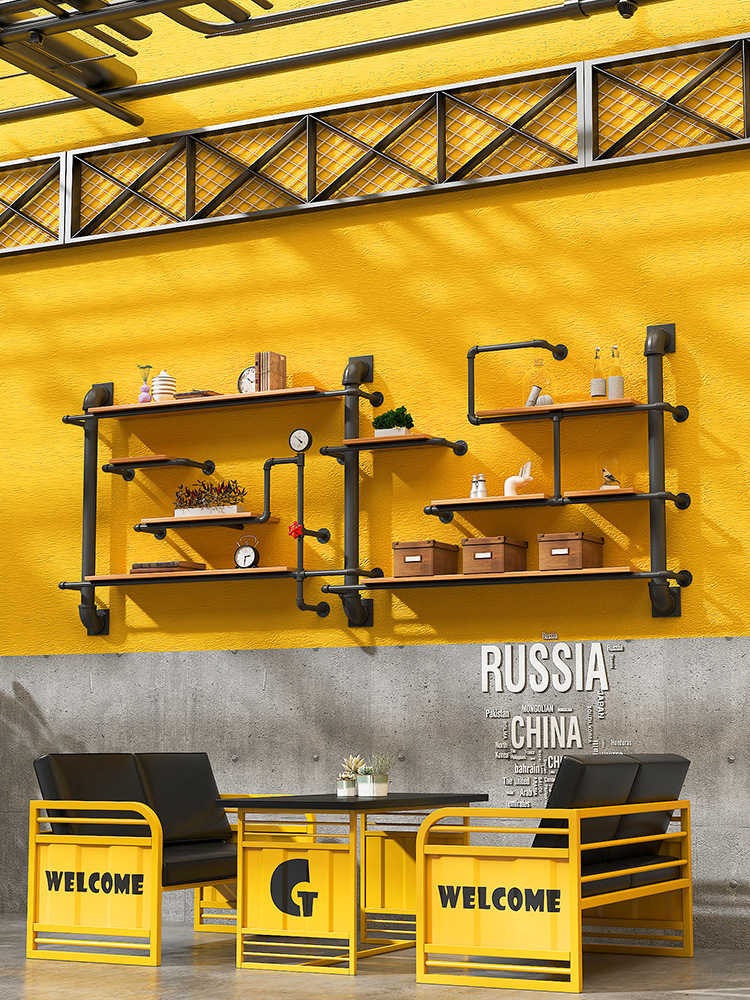 创意水管墙上置物架墙面装饰酒架书架工业风铁艺墙壁实木复古架子