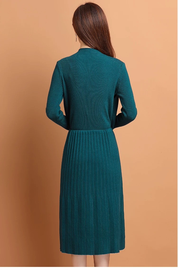 针织连衣裙女秋冬女士毛衣假两件套中长款过膝打底长裙