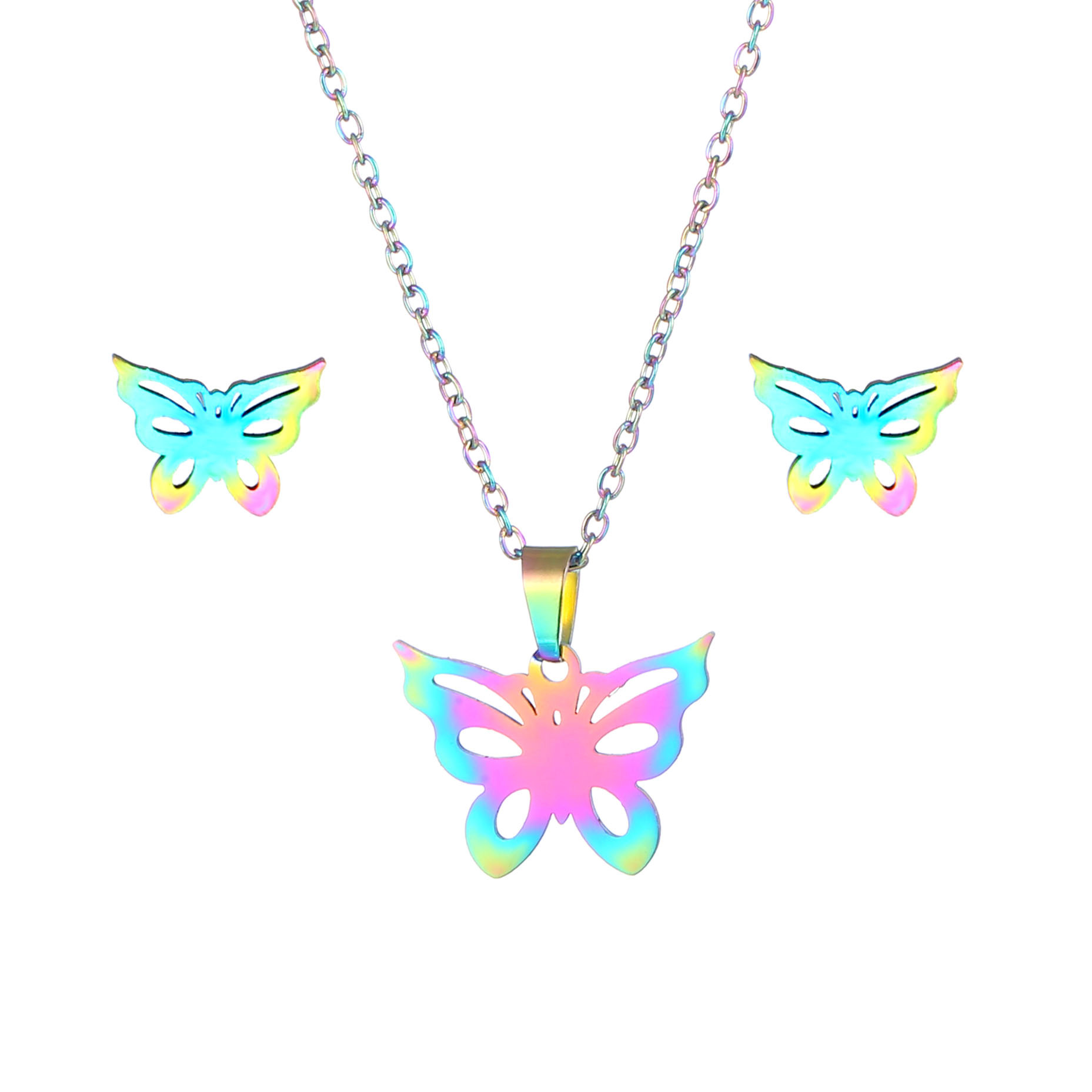 New Korean Style Stylish Glossy Butterfly Pendant Female Necklace and Earring Suit Ins Disco Jumping Personality Sweater Chain Pendant