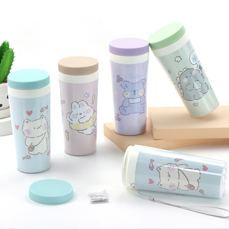 Cartoon Double-Layer Cup Watercolor Tumbler Student Male and Female Portable Gift Cup High Temperature Resistant Sealed Leak-Proof Plastic Cup