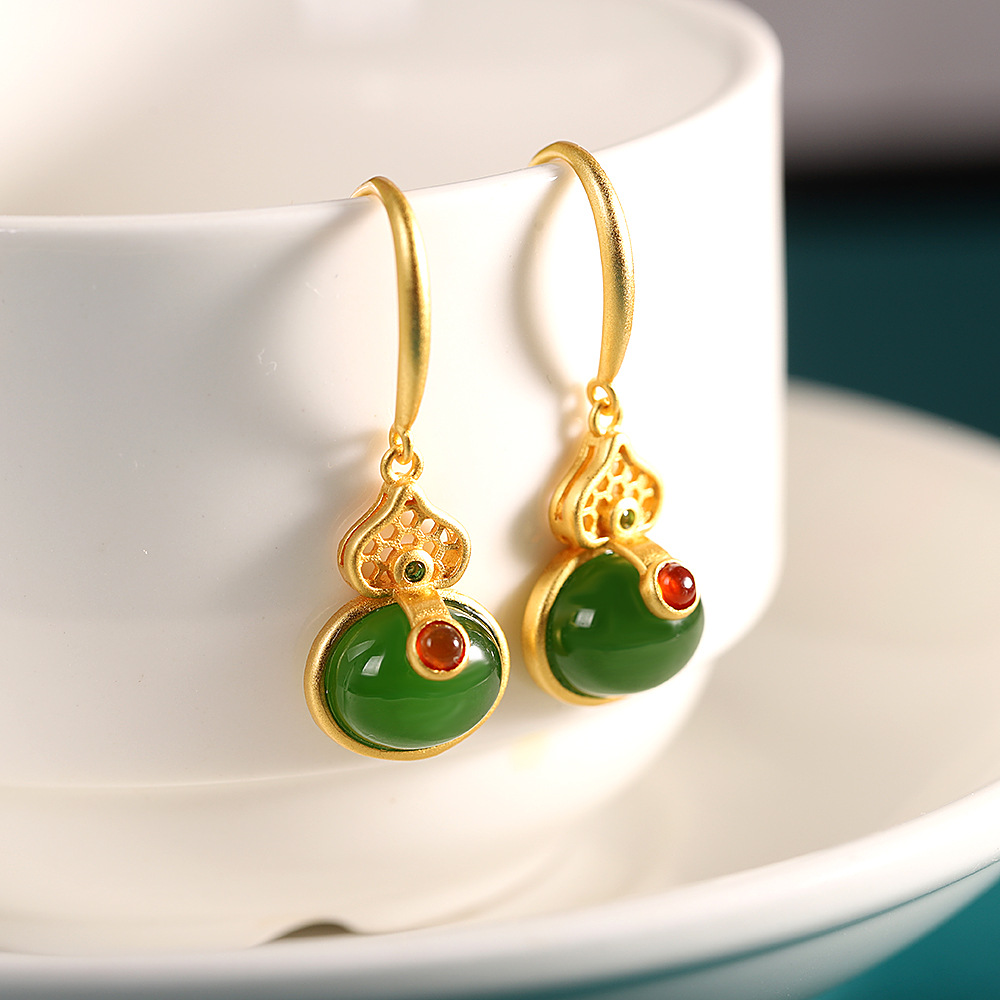 人品银品 民族风耳饰轻奢风s925银饰品女式和田碧玉耳坠 葫芦耳环