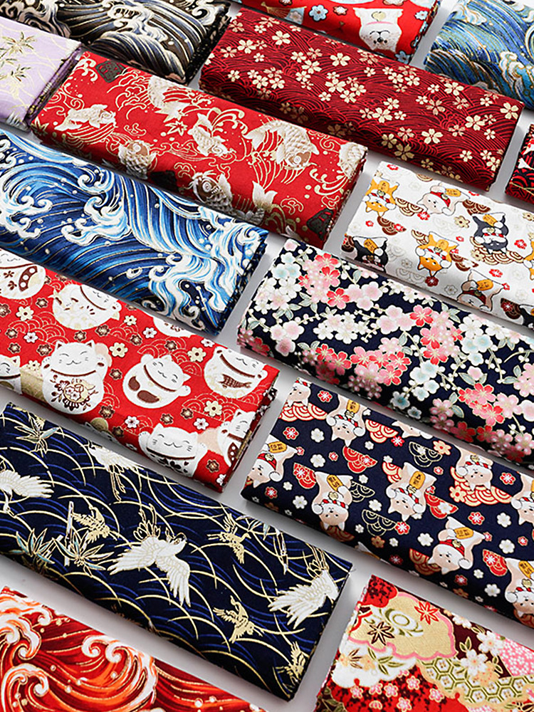 和风烫金纯棉布料日本日式印花布棉麻布衣服装旗袍汉服民族风面料