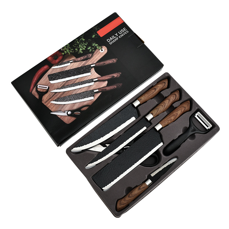 Stainless Steel Paint Knife Wood Grain Shawl Handle Hammer Forging Six-Piece Knife Set Business Gift