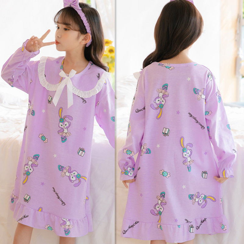 Children's Lingerie Long Sleeve & Girls' Spring and Autumn Pure Color Cotton Ocean Princess Children Home Wear Girl Cartoon Korean Skirt