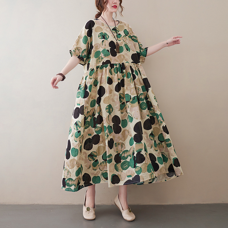 实拍夏季新款棉麻花宽松大码胖mm连衣裙女可穿260斤-阿里巴巴